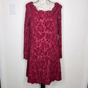 NWT WILD FABLE Floral Rose Flocked Burgundy Dress with Sheer Sleeves Size Large